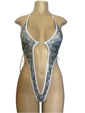Deep V Money-Print Halter Monokini One-Piece Swimsuit - White Trim